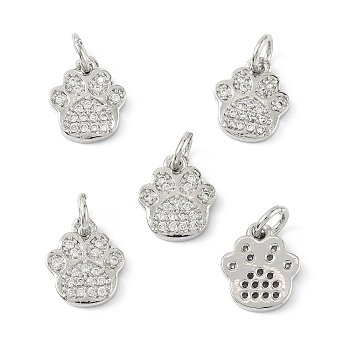 5Pcs Rack Plating Brass Micro Pave Clear Cubic Zirconia Charms, with Jump Ring, Cadmium Free & Lead Free, Long-Lasting Plated, Dog Paw Print Charms, Platinum, 11x9.5x2mm, Hole: 3mm