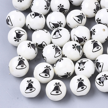 Christmas Opaque Glass Beads, Round with Electroplate Christmas Bell Pattern, Gunmetal Plated, 10mm, Hole: 1.2mm