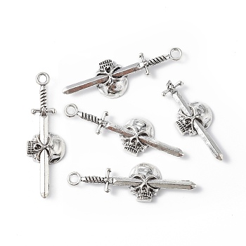 Tibetan Style Alloy Big Pendants, Sword with Skull Charm, Antique Silver, 55.5x17x5.5mm, Hole: 3.2mm