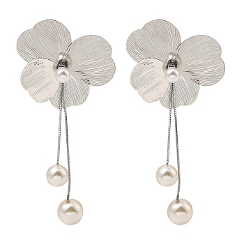 Flower Alloy Dangle Stud Earrings, with Imitation Pearl, Platinum, 106x48mm