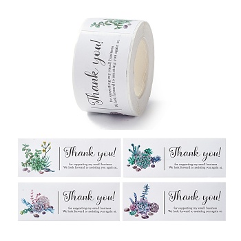 Thank You Stickers Roll, Rectangle Paper Gift Tag Stickers, Adhesive Labels Stickers, Plants Pattern, 3.3cm, Stickers: 80x30x0.1mmabout 120pcs/roll