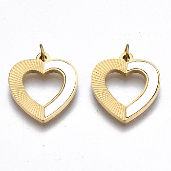 304 Stainless Steel Pendants, with Shell and Jump Rings, Heart, Real 14K Gold Plated, 16.5x15x1.5mm, Jump Ring: 3.8x0.6mm, 2.6mm inner diameter