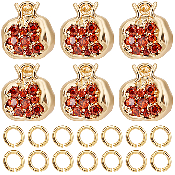 6Pcs Brass Micro Pave Chocolate Cubic Zirconia Charms, Nickel Free, Pomegranate Shape, with 40Pcs Brass Open Jump Rings, Real 18K Gold Plated, Charm: 10.5x10x7mm, Hole: 1.4mm