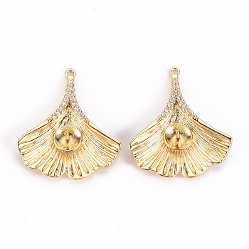 Brass Micro Pave Clear Cubic Zirconia Peg Bails Pendants, for Half Drilled Bead, Nickel Free, Ginkgo Leaf, Real 18K Gold Plated, 21x20.5x3mm, Hole: 1mm, Pin: 0.7mm