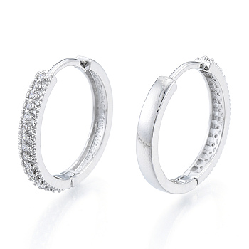 Clear Cubic Zirconia Hinged Hoop Earrings, Brass Jewelry for Women, Nickel Free, Real Platinum Plated, 24.5x26x3.5mm, Pin: 1.2mm