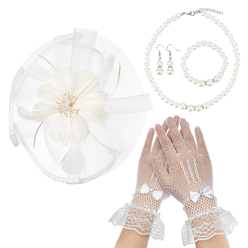 Party Supplies, Including Polyester Lace Cuff Mesh Long Gloves, Hat Flower Mesh Organza, Feathers Hair Band, ABS Plastic Pearl Beaded Necklace & Stretch Bracelet & Dangle Earrings, White, 265x133x8mm