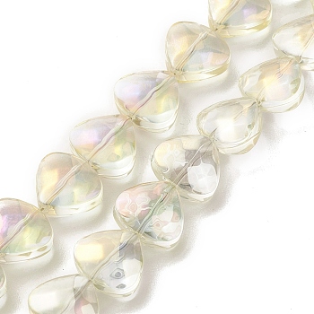 Transparent Electroplate Glass Bead Strands, Rainbow Plated, Heart, Light Yellow, 12x13x7mm, Hole: 1mm, about 55pcs/strand, 25.51''(64.8cm)