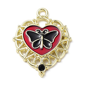 Alloy Enamel Pendants, with Rhinestone, Heart with Butterfly Charm, Golden, 33.5x26x3mm, Hole: 2.8mm