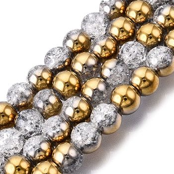 Electroplated Crackle Glass Beads Strands, Half Plated, Round, Gold, 8~8.5mm, Hole: 1~1.2mm, about 50~51pcs/strand, 14.57~14.96 inch(37~38cm)