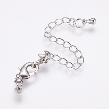 Long-Lasting Plated Brass Chain Extender, with Lobster Claw Clasps and Bead Tips, Real Platinum Plated, 20mm, Extend Chain: 69mm, Bead Tips: 8x3.5mm, Inner: 3mm, Clasps: 12x6x2.5mm