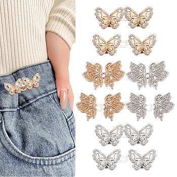 WADORN 8 Sets 4 Styles Butterfly Alloy Adjustable Jean Button Pins, Waist Tightener, with Rhinestone, Sewing Fasteners for Garment Accessories, Platinum & Light Gold, 20~24x36.5~52x2~3mm, 2 sets/style