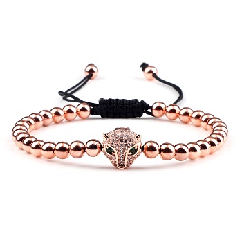 Adjustable Sweet and Cool Couples Brass Micro Pave Cubic Zirconia Leopard Braided Bead Bracelets for Women, Rose Gold