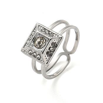 304 Stainless Steel Rhinestone Square Finger Rings for Women Men, Stainless Steel Color, US Size 6(16.5mm)