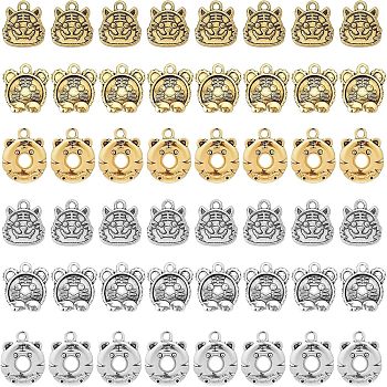 SUPERFINDINGS 48Pcs 6 Style Tibetan Style Alloy Pendants, Tiger Charms, Antique Silver & Antique Golden, 13~27x12~15x2~4mm, hole: 1.6~2mm, 8pcs/Style