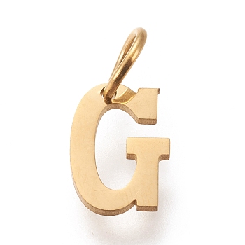304 Stainless Steel Pendants, with Jump Rings, Manual Polishing, Golden, Letter.G, 10x7x1mm, Hole: 4.5mm