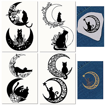Non-Woven Water Soluble Embroidery Patterns, Wash Away Embroidery Stabilizer, Stick and Stitch Embroidery Paper, Cat Shape & Moon, 297x210mmm, 4pcs/set