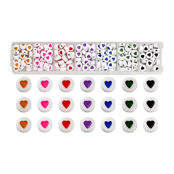 7 Colors Opaque Acrylic Beads, with Enamel, Flat Round with Heart, Colorful, 6.5x7x3.5mm, hole: 1.8mm, 35-38pc/colors, 245~266Pcs