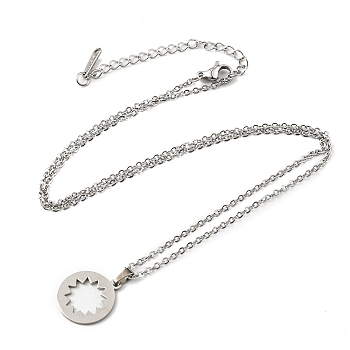 201 Stainless Steel Hollow Sun Pendant Necklace with Cable Chains, Stainless Steel Color, 17.52 inch(44.5cm)