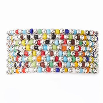 Glass Beads Beaded Stretch Bracelets, Bohemia Bracelets, with CCB, Silver, Inner Diameter: 2~2-1/8 inch(5.15~5.35cm), 8pcs/set