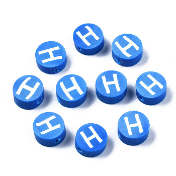 Handmade Polymer Clay Beads, Flat Round with Alphabet, Dodger Blue, Letter.H, 9x3.5~5mm, Hole: 1.6mm