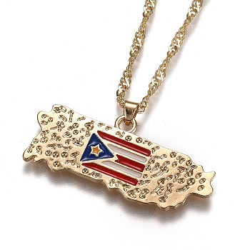 Alloy Enamel Pendant Necklaces, with Singapore Chains, Water Wave Chains, Puerto Rico Map, Red, Golden, 16.5 inch(42cm)