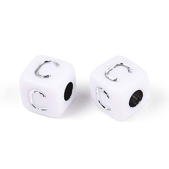Opaque Acrylic Beads, Cube with Letter, Silver Metal Enlaced, Letter C, 9~10x9~10x9~10mm, Hole: 4mm, about 625pcs/500g