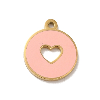 304 Stainless Steel Enamel Charms, Flat Round with Hollow Heart Charm, Real 14K Gold Plated, Misty Rose, 12x10x1mm, Hole: 1mm