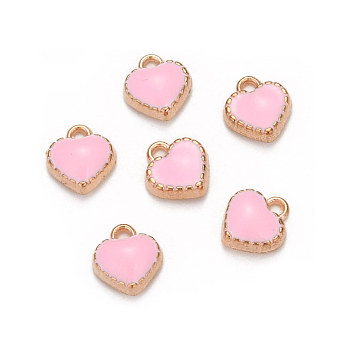 Alloy Enamel Charms, Heart, Light Gold, Pink, 8x7.5x2.5mm, Hole: 1.5mm
