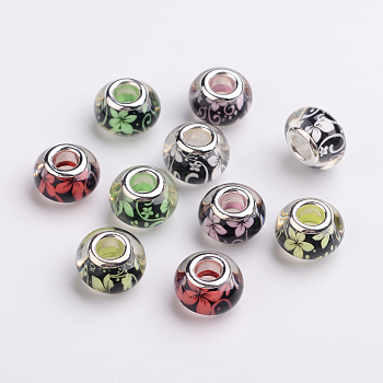 Flower Pattern Resin European Beads, Large Hole Rondelle Beads, with Silver Color Plated Brass Cores, Mixed Color, 14x9mm, Hole: 5mm