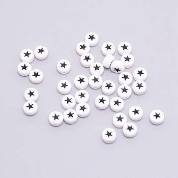 Opaque Acrylic Beads, with Enamel, Flat Round with Star, Black, 7x4mm, Hole: 1.6mm, 100pcs/bag