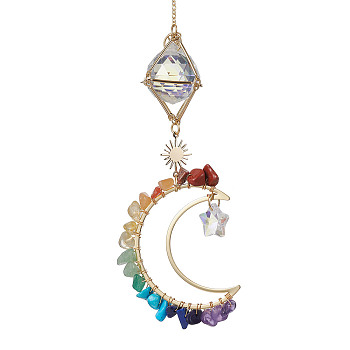 Natural & Synthetic Gemstone Chip Pendant Decorations with Brass Moon & Cable Chain, Faceted Round Glass Crystal Ball & Star Prism Suncatchers, 280mm