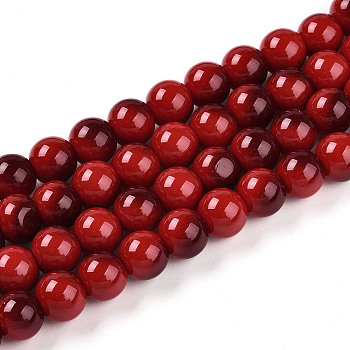 Baking Paint Glass Beads, Imitate Porcelain Beads, Round, Two Tone, Crimson, 9.5~10mm, Hole: 1.2mm