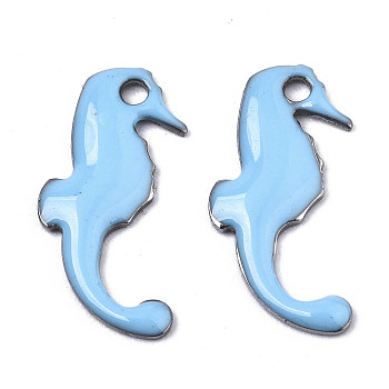 201 Stainless Steel Enamel Charms, Sea Horse, Stainless Steel Color, Light Sky Blue, 15x7x1mm, Hole: 1.2mm