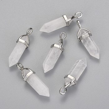Natural Quartz Crystal Double Terminated Pointed Pendants, Rock Crystal, with Random Alloy Pendant Hexagon Bead Cap Bails, Bullet, Platinum, 36~45x12mm, Hole: 3x5mm, Gemstone: 10mm in diameter
