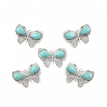 Synthetic Turquoise Dyed Pendants, with Alloy Findings, Butterfly Charms, Antique Silver, 36x49.5x6mm, Hole: 3mm