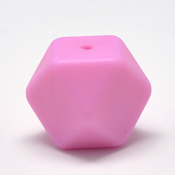 Food Grade Eco-Friendly Silicone Beads, Chewing Beads For Teethers, DIY Nursing Necklaces Making, Faceted Cube, Hot Pink, 17x17x17mm, Hole: 2mm
