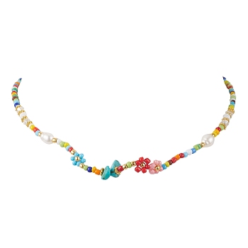 Flower Glass Seed & Pearl Beaded Necklaces, with Synthetic Turquoise Chip, 14.57 inch(37cm)