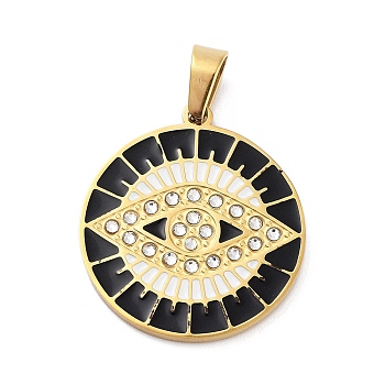 304 Stainless Steel Charms, with Rhinestone and Enamel, Real 18K Gold Plated, Black, Evil Eye, 27.5x24.5x2mm, Hole: 6.5x4mm