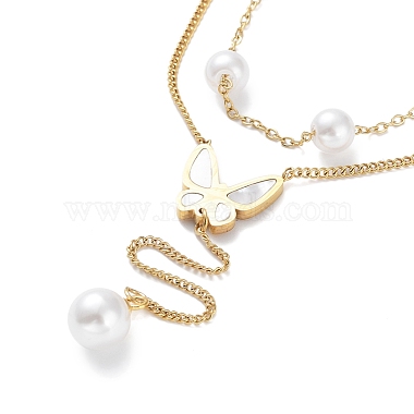 201 Stainless Steel Curb Chains Double Layer Necklaces with ABS Imitation Pearl Beaded(NJEW-D055-13G)-4