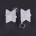 Natural Quartz Crystal Pendants, Rock Crystal Pendants, with 201 Stainless Steel Split Rings, Merkaba Star, 22~23x16.5~17x19mm, Hole: 6mm(X-G-E398-02J)