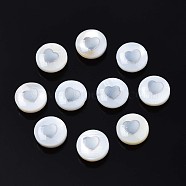 Natural Freshwater Shell Beads, with Brass Metal Embellishments, Flat Round with Heart, Platinum, 8x4~5mm, Hole: 0.6mm(SHEL-N003-22-11P)