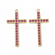 Real 14K Gold Plated 304 Stainless Steel Pendants, with Rhinestone, Cross Charms, Rose, 36.5x19x2.5mm, Hole: 1.6mm(STAS-L269-008G-02)