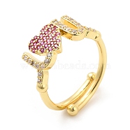 Rack Plating Brass Micro Pave Camellia Cubic Zirconia Rings, Heart Love Adjustable Rings, Cadmium Free & Lead Free, Long-Lasting Plated, Real 18K Gold Plated, US Size 7 1/4, 2~5mm, Inner Diameter: 17.5mm(RJEW-E064-12G)
