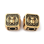 Rack Plating Brass European Beads, Large Hole Beads, Long-Lasting Plated, Matte Style, Square with Insect, Antique Golden, 10.5x10.5x8.5mm, Hole: 4mm(KK-M245-09MAG)