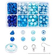 PandaHall Elite DIY Blue Themed Jewelry Making Kits, Including Round Glass & Glass Pearl Round Beads, Elastic Crystal Thread, Zinc Alloy Lobster Claw Clasps, Brass Earring Hooks, Platinum(DIY-PH0001-23P)