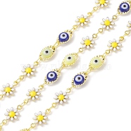 Brass Enamel Flower & Horse Eye Link Chains, with Glass Beaded, Soldered, with Spools, Real 18K Gold Plated, Cadmium Free & Lead Free, Blue, 10x6x4mm, 12x7x2mm(CHC-P009-34G)