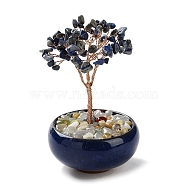 Natural Lapis Lazuli Chips Tree Decorations, Ceramic Bowl Base Copper Wire Feng Shui Energy Stone Gift for Home Desktop Decoration, 67~70x110~115mm(DJEW-M012-02A)