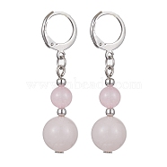 Round Natural Rose Quartz Dangle Earrings, 304 Stainless Steel Leverback Earring for Women, 40~41x10~10.5mm(EJEW-JE05536-02)