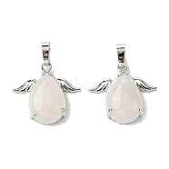 Natural Rose Quartz Pendants, Rock Crystal Teardrop Charms with Rack Plating Platinum Plated Brass Wings, Cadmium Free & Lead Free, 22~22.5x24.5x8~9mm, Hole: 7x5mm(G-C114-05P-05)