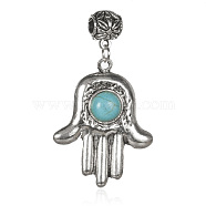 Alloy Synthetic Turquoise European Dangle Pendants, with Alloy Scarf Bail Bead Tube Bails, Hamsa Hand/Hand of Fatima/Hand of Miriam, Antique Silver, Sky Blue, 59mm, Hole: 5mm(PALLOY-J701-01AS)